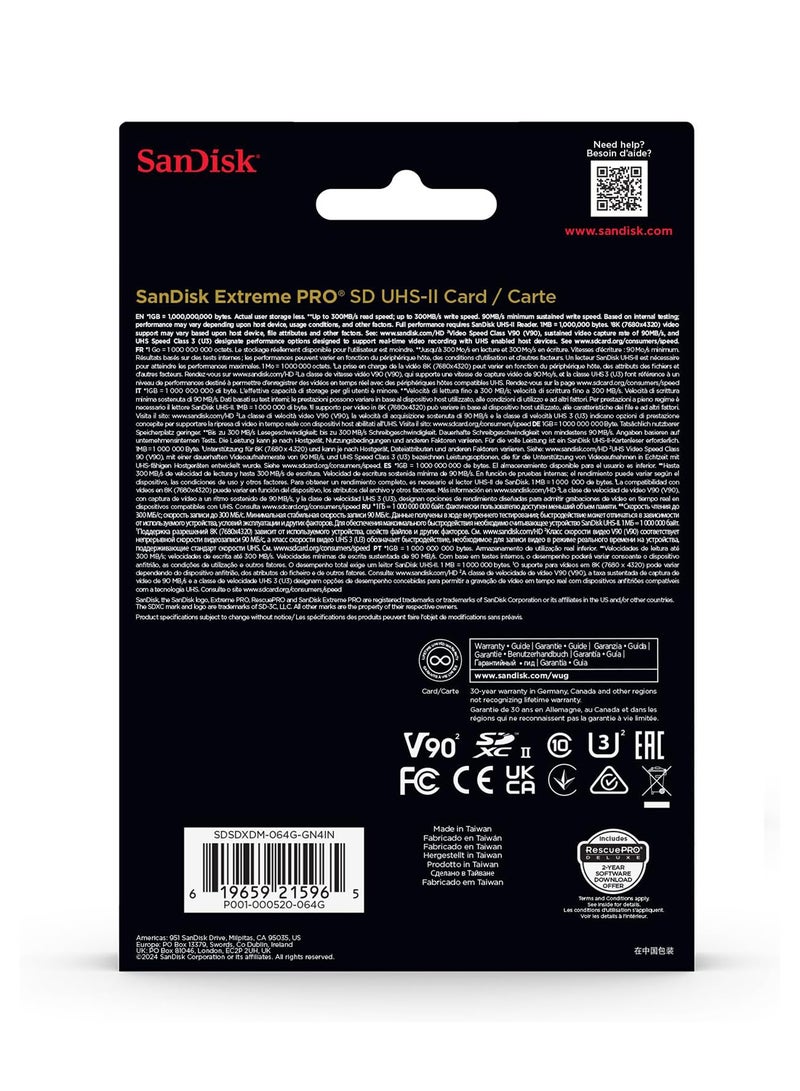Sandisk - Extreme PRO 64GB SDXC UHS-II Card, up to 300MB/s Read Speed & Write Speed, V90.8K. The professional performance data of the card allow the recording of 8K videos 64 GB - Image 1
