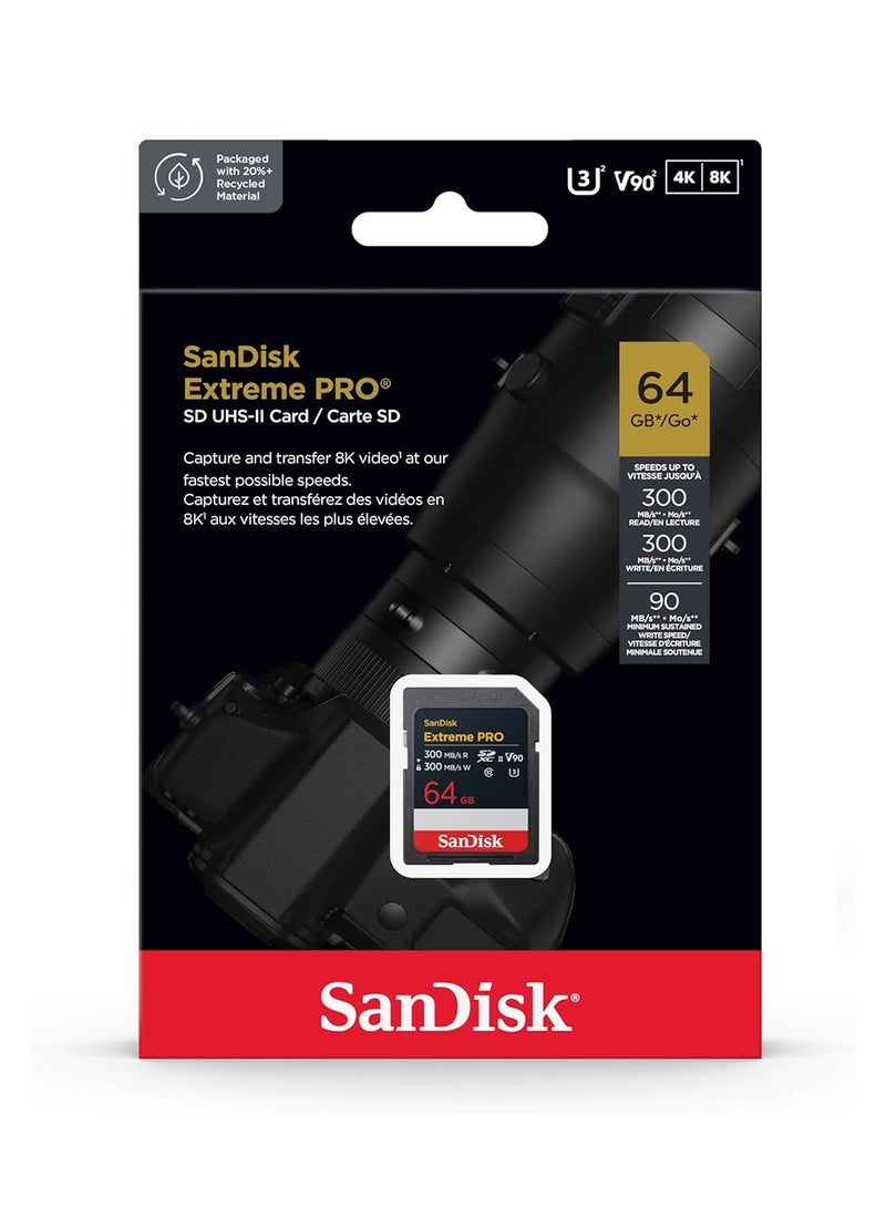 Sandisk - Extreme PRO 64GB SDXC UHS-II Card, up to 300MB/s Read Speed & Write Speed, V90.8K. The professional performance data of the card allow the recording of 8K videos 64 GB - Image 1