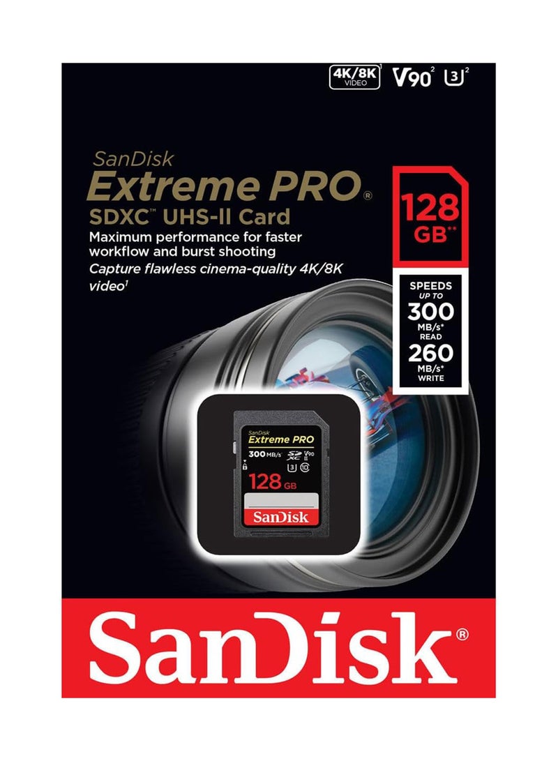 Sandisk - 128GB Extreme PRO SDXC Memory Card up to 300MB/s, UHS II, Class 10, U3, V90, Black, SDSDXDK 128G GN4IN, SanDisk Extreme PRO SD UHS lI Card 128 GB - Image 1