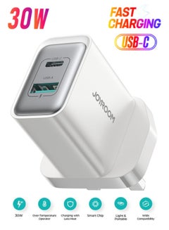 JOYROOM 30W USB+USB-C / Type-C Wall Fast Charger Compatible with iPhone 16/15/14/14 Pro/14 Pro Max/13/12/SE2020/11/XR/XS Max/X/iPad Samsung S25/S24/S23 All Series UK Plug White  - Image 1