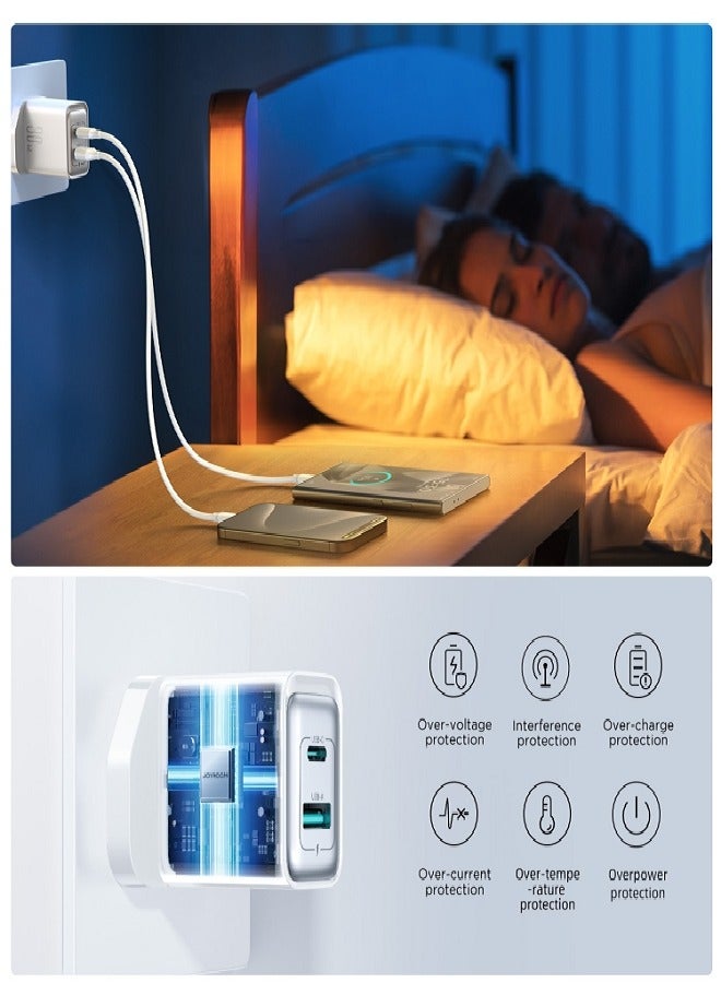 JOYROOM - 30W USB+USB-C / Type-C Wall Fast Charger Compatible with iPhone 16/15/14/14 Pro/14 Pro Max/13/12/SE2020/11/XR/XS Max/X/iPad Samsung S25/S24/S23 All Series UK Plug White - Image 1