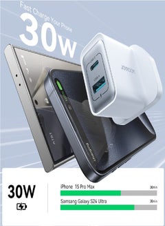JOYROOM 30W USB+USB-C / Type-C Wall Fast Charger Compatible with iPhone 16/15/14/14 Pro/14 Pro Max/13/12/SE2020/11/XR/XS Max/X/iPad Samsung S25/S24/S23 All Series UK Plug White  - Image 3