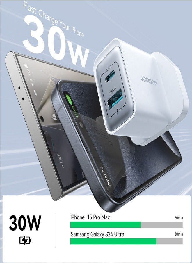 JOYROOM - 30W USB+USB-C / Type-C Wall Fast Charger Compatible with iPhone 16/15/14/14 Pro/14 Pro Max/13/12/SE2020/11/XR/XS Max/X/iPad Samsung S25/S24/S23 All Series UK Plug White - Image 1