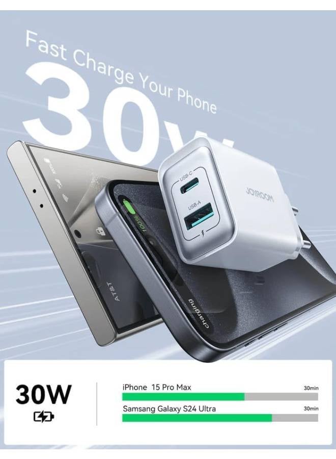 جوي روم شاحن حائط سريع 30 وات USB+USB-C / Type-C متوافق مع iPhone 16/15/14/14 Pro/14 Pro Max/13/12/SE2020/11/XR/XS Max/X/iPad Samsung S25/S24/S23 جميع السلاسل بمقبس المملكة المتحدة باللون الأبيض أبيض - Image 4