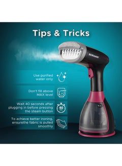 SONASHI Handheld Garment Steamer with 280ML Detachable Water Tank Capacity, Continuous Steam Rate of 25-30G/Min, Continuous Steam Lock, Compact Design, Versatile Accessories 280 ml 1500 W SGS-327 Black/Pink  - Image 2