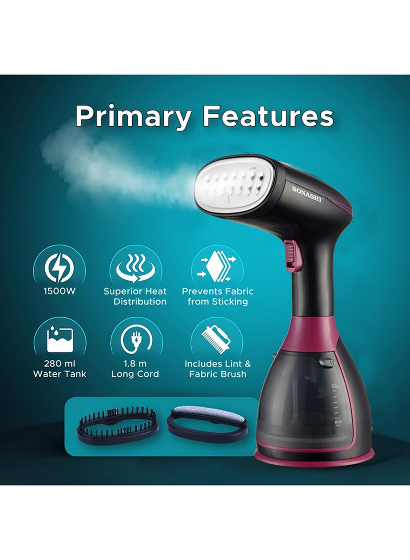 SONASHI - Handheld Garment Steamer with 280ML Detachable Water Tank Capacity, Continuous Steam Rate of 25-30G/Min, Continuous Steam Lock, Compact Design, Versatile Accessories 280 ml 1500 W SGS-327 Black/Pink - Image 1