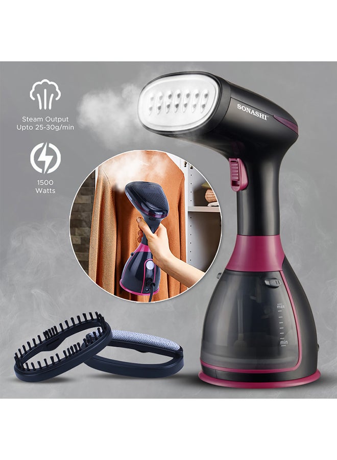 SONASHI - Handheld Garment Steamer with 280ML Detachable Water Tank Capacity, Continuous Steam Rate of 25-30G/Min, Continuous Steam Lock, Compact Design, Versatile Accessories 280 ml 1500 W SGS-327 Black/Pink - Image 1