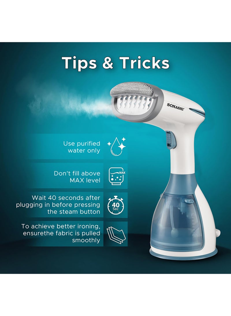 SONASHI - Handheld Garment Steamer with 280ML Detachable Water Tank Capacity, Continuous Steam Rate of 25-30G/Min, Continuous Steam Lock, Compact Design, Versatile Accessories 280 ml 1500 W SGS-327 Blue/White - Image 1
