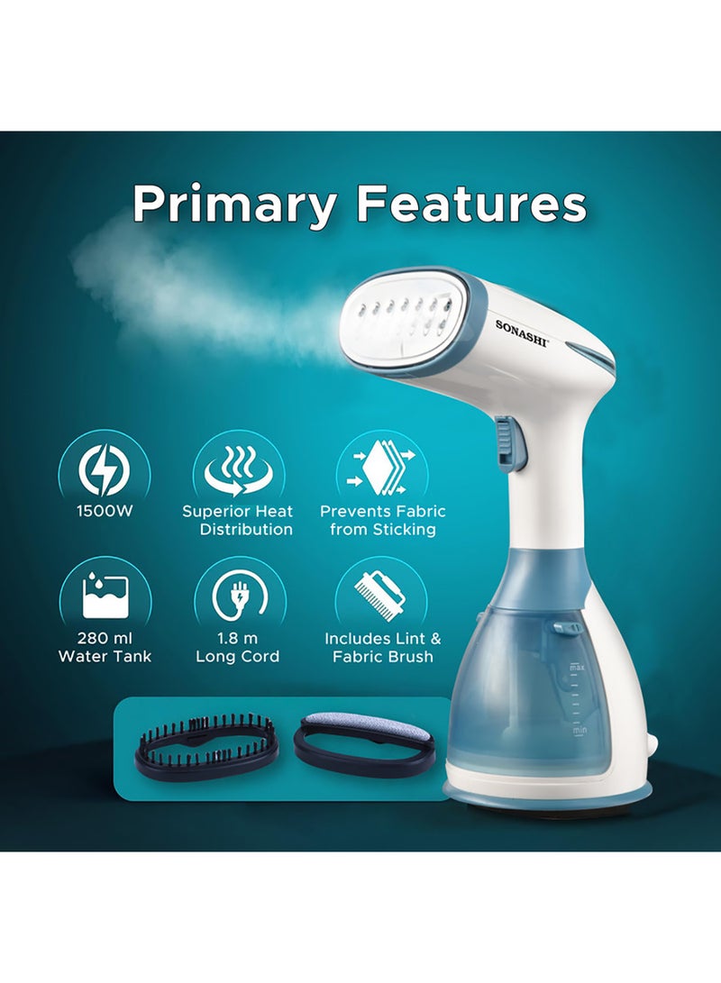 SONASHI - Handheld Garment Steamer with 280ML Detachable Water Tank Capacity, Continuous Steam Rate of 25-30G/Min, Continuous Steam Lock, Compact Design, Versatile Accessories 280 ml 1500 W SGS-327 Blue/White - Image 1