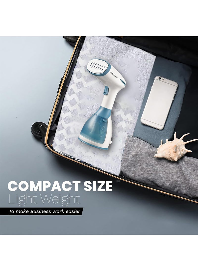 SONASHI - Handheld Garment Steamer with 280ML Detachable Water Tank Capacity, Continuous Steam Rate of 25-30G/Min, Continuous Steam Lock, Compact Design, Versatile Accessories 280 ml 1500 W SGS-327 Blue/White - Image 1