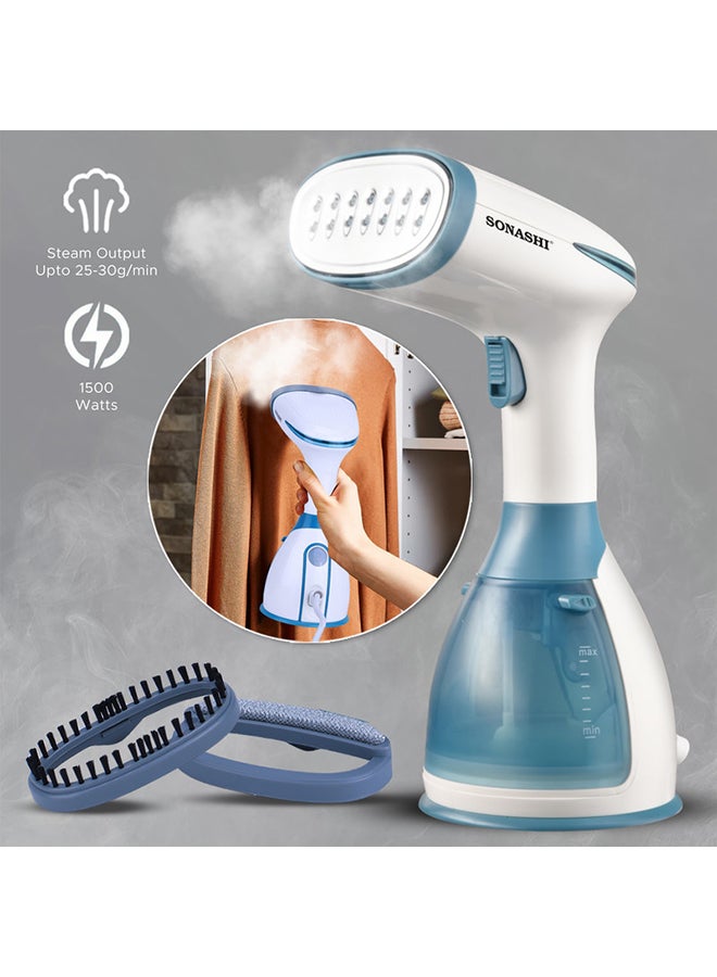 SONASHI - Handheld Garment Steamer with 280ML Detachable Water Tank Capacity, Continuous Steam Rate of 25-30G/Min, Continuous Steam Lock, Compact Design, Versatile Accessories 280 ml 1500 W SGS-327 Blue/White - Image 1