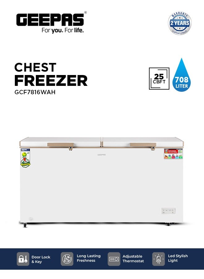 GEEPAS Double Door Chest Freezer, 708L (25.0 Cubic Feet) Storage, Faster Cooling, Gold Frame, White Interior, Hidden Compressor 240 W GCF7816WAH White/Golden - Image 1