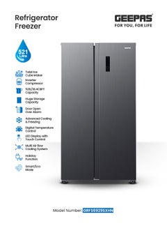 521L Gross Capacity Side-by-Side No Frost Refrigerator. Inverter Compressor, Multi-Airflow, Touch LED Control, LED Lighting, Unbreakable Shelves (177L Freezer / 344L Refrigerator) GRFS6929SXHN black