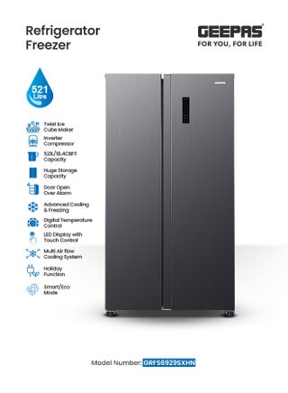 521L Gross Capacity Side-by-Side No Frost Refrigerator. Inverter Compressor, Multi-Airflow, Touch LED Control, LED Lighting, Unbreakable Shelves (177L Freezer / 344L Refrigerator) GRFS6929SXHN black - pnsku/N70161767V/45/_/1741866644/b636f6b7-dd7c-4781-9fd0-3b76c593500e