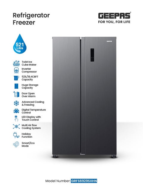521L Gross Capacity Side-by-Side No Frost Refrigerator. Inverter Compressor, Multi-Airflow, Touch LED Control, LED Lighting, Unbreakable Shelves (177L Freezer / 344L Refrigerator) GRFS6929SXHN black