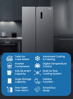 جيباس 521L Gross Capacity Side-by-Side No Frost Refrigerator. Inverter Compressor, Multi-Airflow, Touch LED Control, LED Lighting, Unbreakable Shelves (177L Freezer / 344L Refrigerator) GRFS6929SXHN black  - Image 4