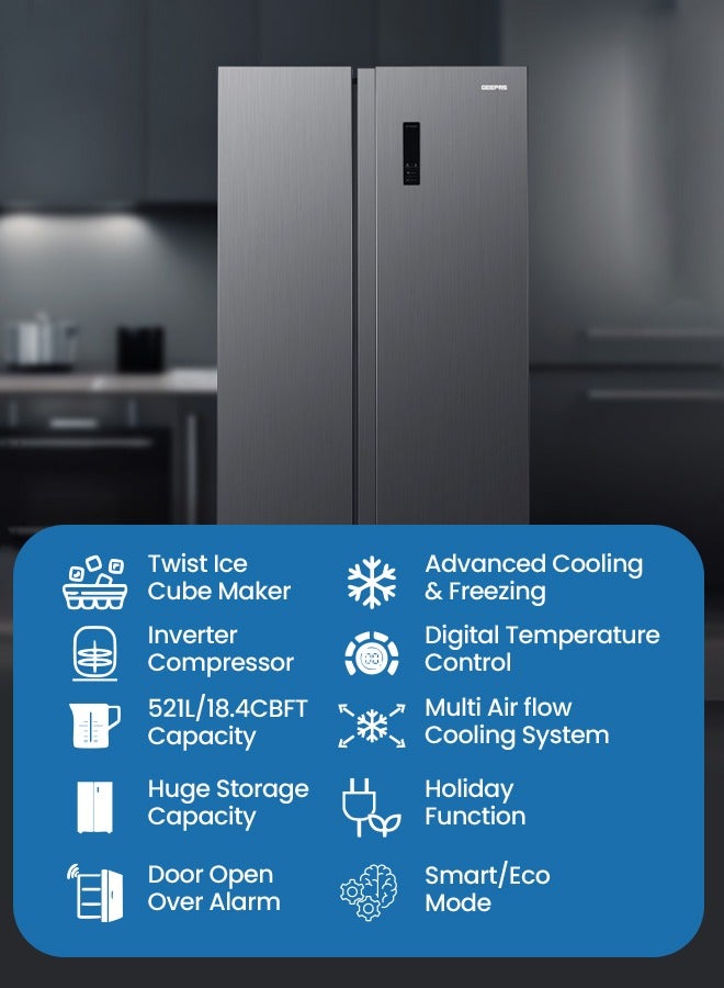 GEEPAS - 521L Gross Capacity Side-by-Side No Frost Refrigerator. Inverter Compressor, Multi-Airflow, Touch LED Control, LED Lighting, Unbreakable Shelves (177L Freezer / 344L Refrigerator) GRFS6929SXHN black - Image 1