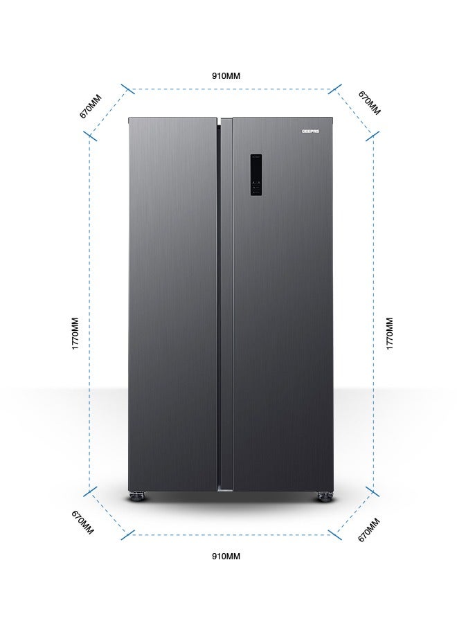 GEEPAS - 521L Gross Capacity Side-by-Side No Frost Refrigerator. Inverter Compressor, Multi-Airflow, Touch LED Control, LED Lighting, Unbreakable Shelves (177L Freezer / 344L Refrigerator) GRFS6929SXHN black - Image 1