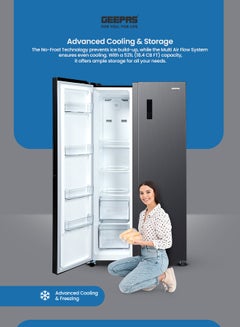 جيباس 521L Gross Capacity Side-by-Side No Frost Refrigerator. Inverter Compressor, Multi-Airflow, Touch LED Control, LED Lighting, Unbreakable Shelves (177L Freezer / 344L Refrigerator) GRFS6929SXHN black  - Image 3