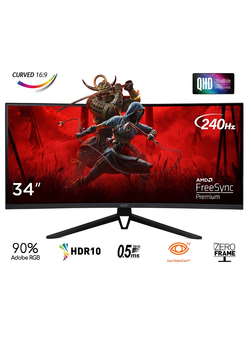 أيسر 34 Inch Gaming Monitor Curved QHD Ultra Wide (3440x1440) 240Hz 0.5ms Response time| Adobe RGB 90% | AMD FreeSync Premium | HDR10 | Vision Care 2.0 | Zero Frame | Acer Nitro ED343CURXbmiippx Black | 2 Years Manufacturer Warranty Black  - Image 1