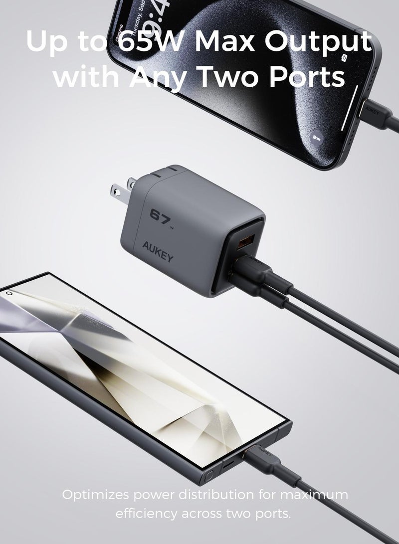 Aukey - AUKEY Comet Mix3 67W PD Wall Charger with GaN Technology 2xUSB-C + 1xUSB-A PA-C3 Gray Grey - Image 1