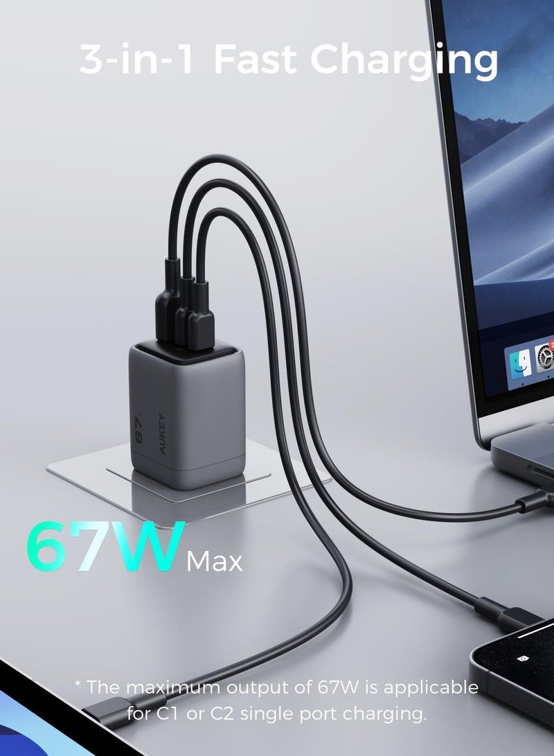 Aukey - AUKEY Comet Mix3 67W PD Wall Charger with GaN Technology 2xUSB-C + 1xUSB-A PA-C3 Gray Grey - Image 1