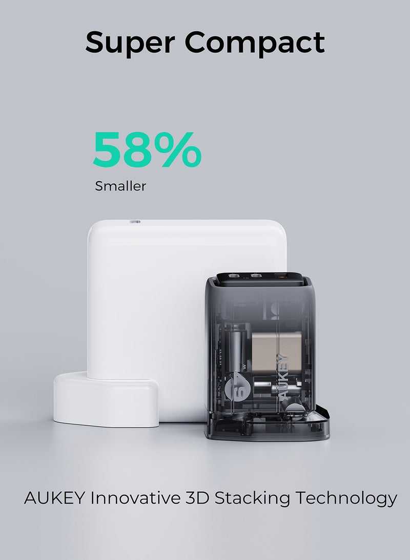 AUKEY 67W GaN PD Charger - Comet Mix3, 2 USB-C, 1 USB-A, Fast Charging - Universal for Apple, Android, and More Grey - Image 4
