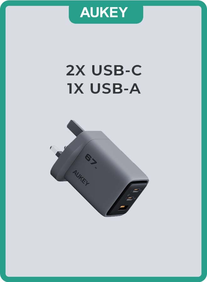 Aukey AUKEY 67W GaN PD Charger - Comet Mix3, 2 USB-C, 1 USB-A, Fast Charging - Universal for Apple, Android, and More Grey  - Image 1