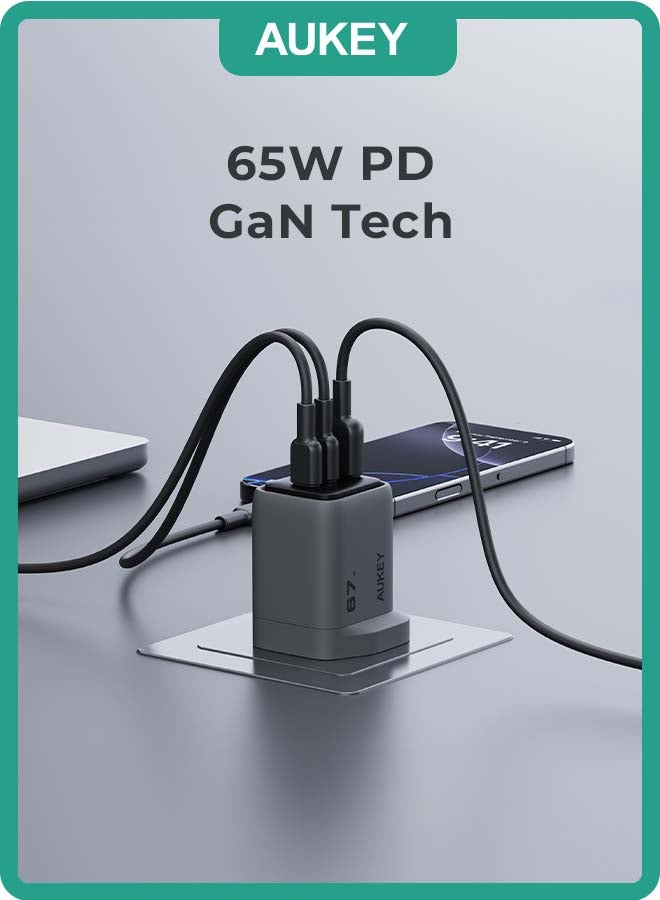 Aukey AUKEY 67W GaN PD Charger - Comet Mix3, 2 USB-C, 1 USB-A, Fast Charging - Universal for Apple, Android, and More Grey  - Image 2