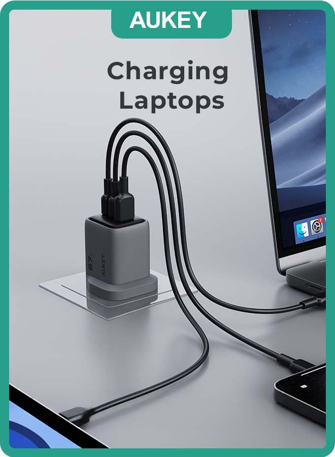 Aukey AUKEY 67W GaN PD Charger - Comet Mix3, 2 USB-C, 1 USB-A, Fast Charging - Universal for Apple, Android, and More Grey  - Image 3