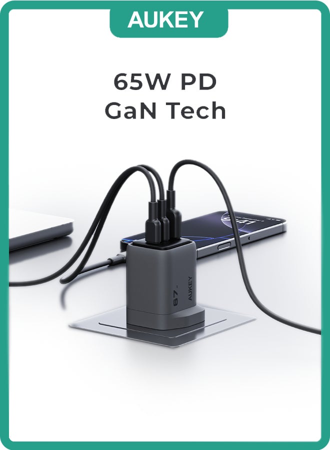 AUKEY 67W GaN PD Charger - Comet Mix3, 2 USB-C, 1 USB-A, Fast Charging - Universal for Apple, Android, and More Grey - Image 1