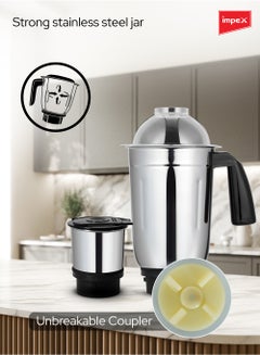 إمبكس Blender 2-in-1 Mixer Grinder | Powerful Hybrid Motor | Stainless Steel Jars (1.4L & 0.4L) | 3 Speed with Pulse Control | Overload Protection | Unbreakable Coupler | Heat Resistant ABS Jar Base| User Friendly Jar Handle 550 W BL 319C Black  - Image 5