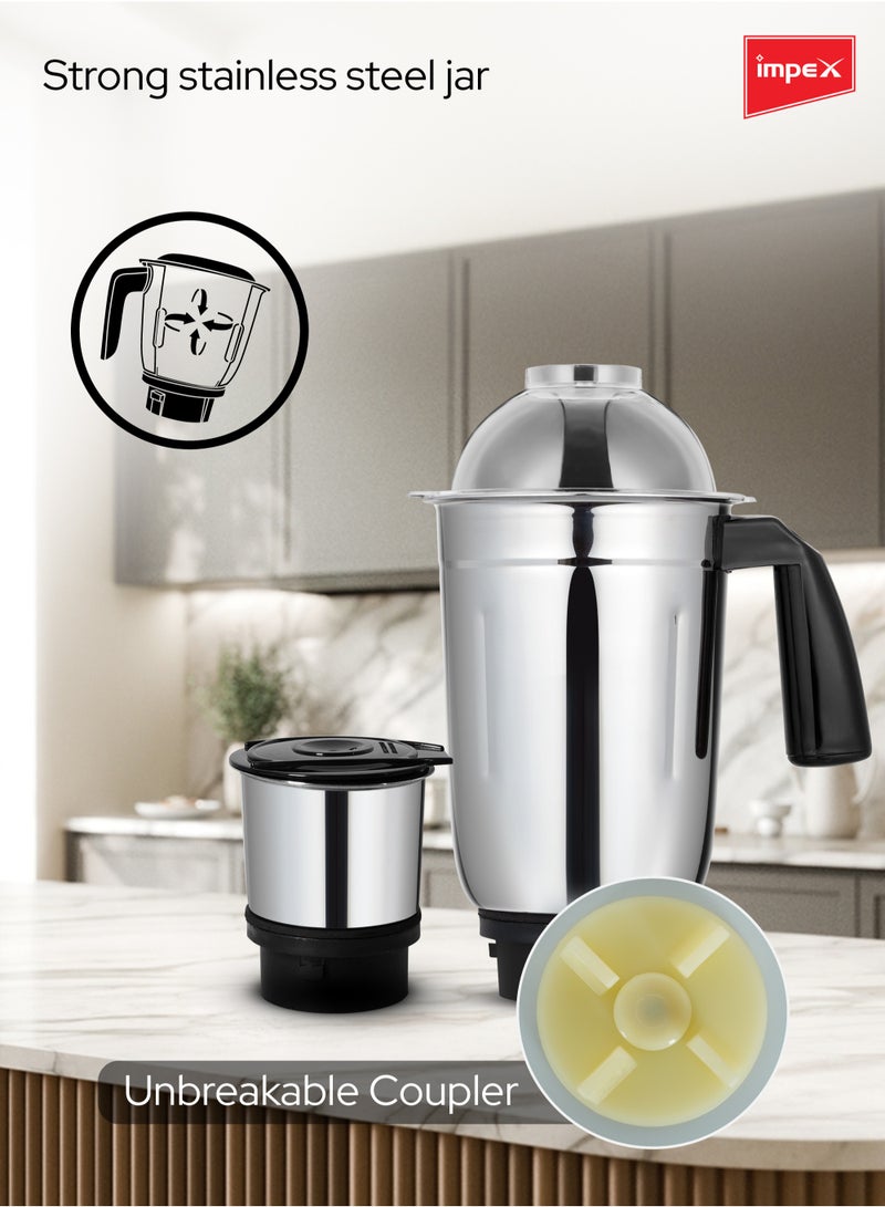 إمبكس Blender 2-in-1 Mixer Grinder | Powerful Hybrid Motor | Stainless Steel Jars (1.4L & 0.4L) | 3 Speed with Pulse Control | Overload Protection | Unbreakable Coupler | Heat Resistant ABS Jar Base| User Friendly Jar Handle 550 W BL 319C Black  - Image 5