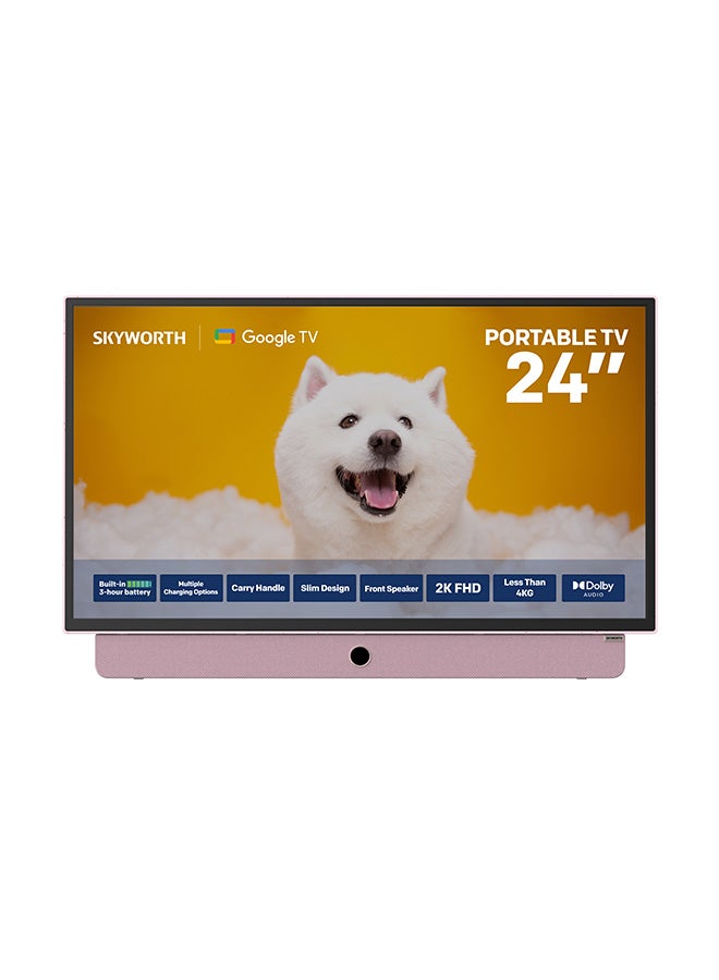 سكاي ورث تلفزيون تخييم ذكي عالي الدقة مقاس 24 بوصة، مزود بمنفذ HDMI وUSB وتردد 60 هرتز، وببطارية مدمجة تدوم حتى 3 ساعات (Google TV)، ضمان سنتين، 24LP60G-P، وردي 24LP60G-P وردي - Image 1