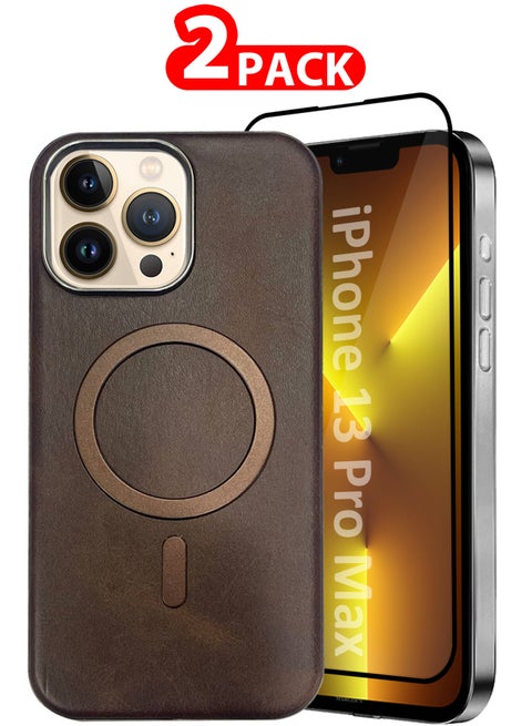 iPhone 13 Pro Max Leather Case 2 Pack, 1 Case 1 Screen Protector, Compatible with Magsafe, Vintage Aesthetic, Comfort Grip,Camera Bump Frame Dark Brown-2