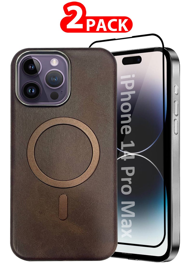 MARGOUN iPhone 14 Pro Max Leather Case 2 Pack, 1 Case 1 Screen Protector, Compatible with Magsafe, Vintage Aesthetic, Comfort Grip, Camera Bump Frame Dark Brown-2  - Image 1