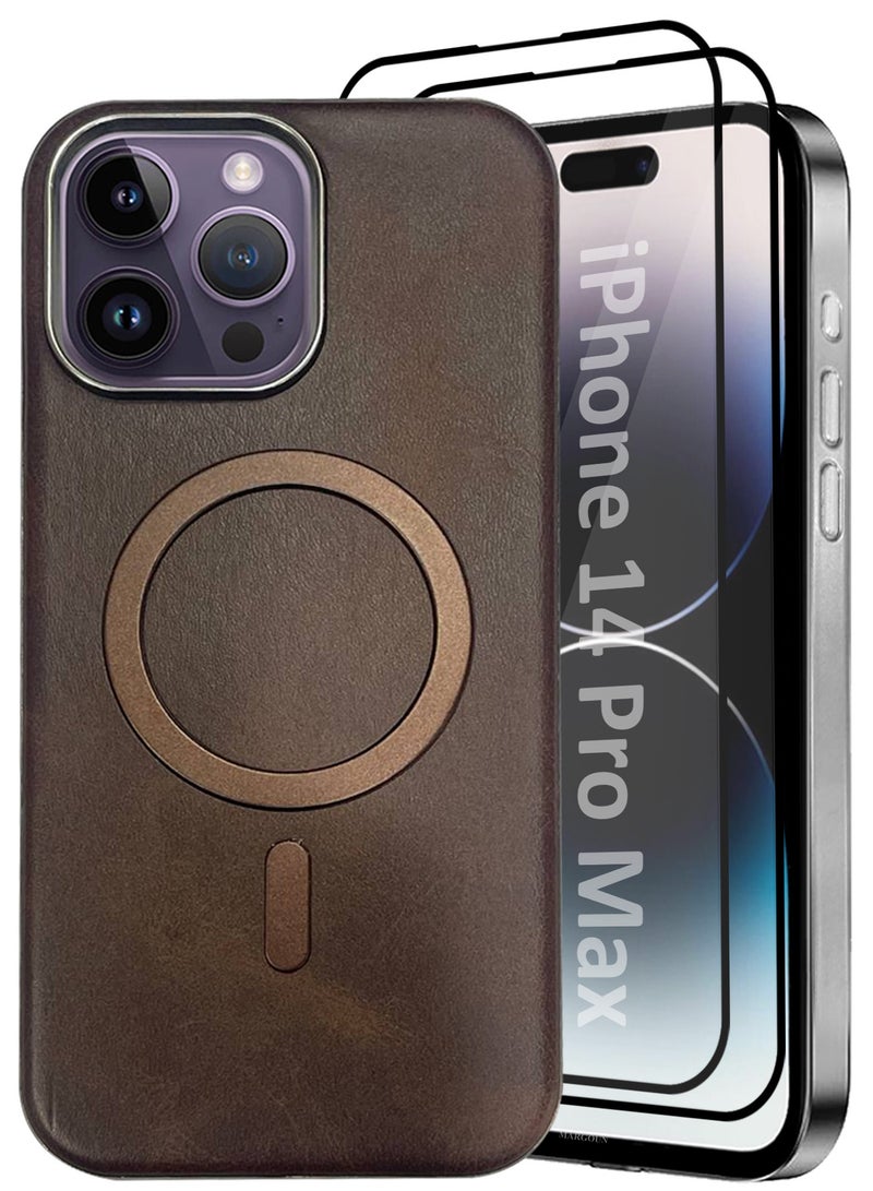 MARGOUN iPhone 14 Pro Max Leather Case 3 Pack, 1 Case 2 Screen Protectors, Compatible with Magsafe, Vintage Aesthetic, Comfort Grip, Camera Bump Frame Dark Brown-3  - Image 2