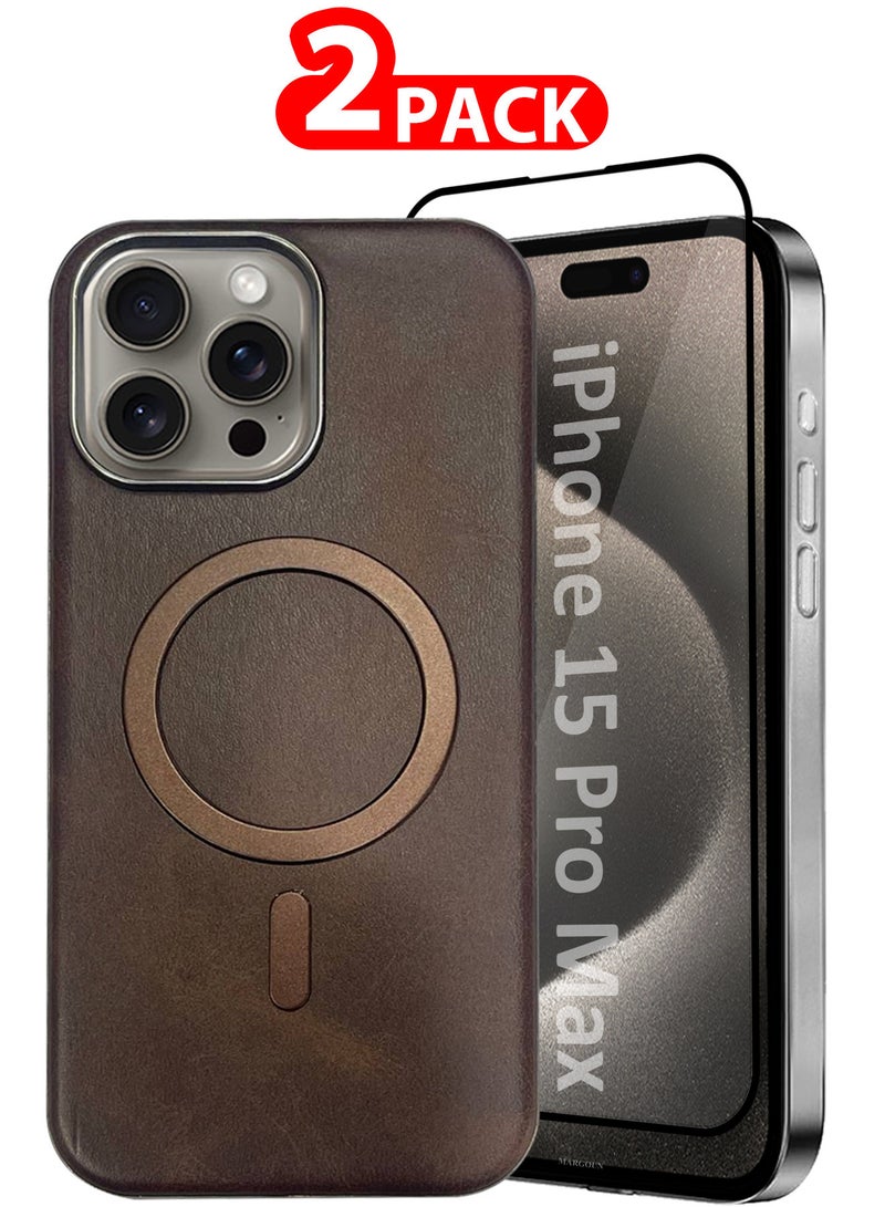 مارجون حافظة جلدية لجهاز iPhone 15 Pro Max - عبوة 2، 1 حافظة و 1 واقي شاشة، متوافقة مع MagSafe، تصميم عتيق، قبضة مريحة، إطار لحماية الكاميرا - Image 1