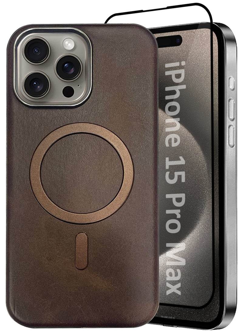 مارجون حافظة جلدية لجهاز iPhone 15 Pro Max - عبوة 2، 1 حافظة و 1 واقي شاشة، متوافقة مع MagSafe، تصميم عتيق، قبضة مريحة، إطار لحماية الكاميرا - Image 2