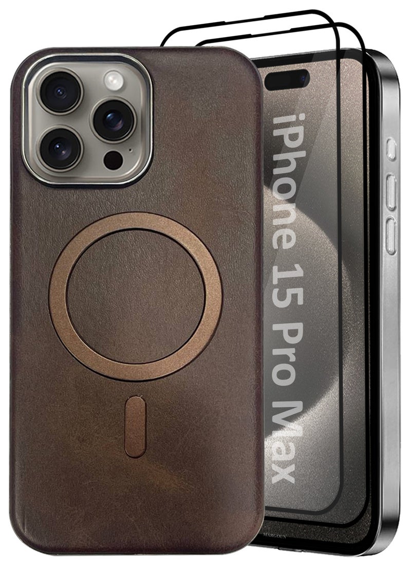 MARGOUN iPhone 15 Pro Max Leather Case 3 Pack, 1 Case 2 Screen Protectors, Compatible with Magsafe, Vintage Aesthetic, Comfort Grip, Camera Bump Frame Dark Brown-3  - Image 2