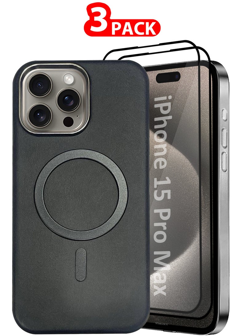 MARGOUN iPhone 15 Pro Max Leather Case 3 Pack, 1 Case 2 Screen Protectors, Compatible with Magsafe, Vintage Aesthetic, Comfort Grip, Camera Bump Frame Black-3 - Image 1