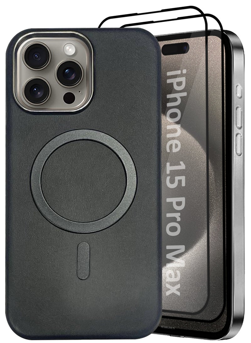 MARGOUN iPhone 15 Pro Max Leather Case 3 Pack, 1 Case 2 Screen Protectors, Compatible with Magsafe, Vintage Aesthetic, Comfort Grip, Camera Bump Frame Black-3 - Image 2