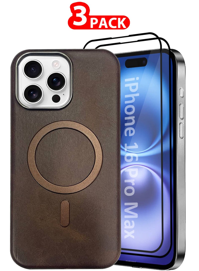 مارجون iPhone 16 Pro Max Leather Case 3 Pack, 1 Case 2 Screen Protectors, Compatible with Magsafe, Vintage Aesthetic, Comfort Grip, Camera Bump Frame Dark Brown-3 - Image 1