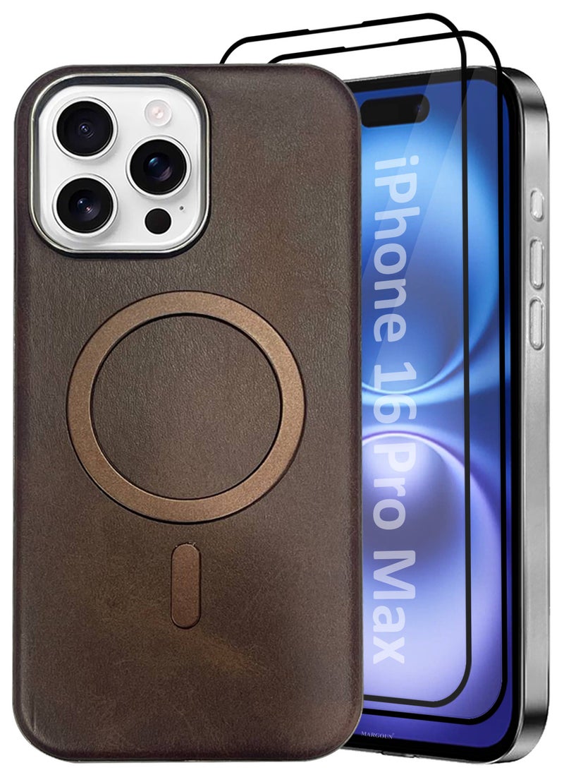 مارجون iPhone 16 Pro Max Leather Case 3 Pack, 1 Case 2 Screen Protectors, Compatible with Magsafe, Vintage Aesthetic, Comfort Grip, Camera Bump Frame Dark Brown-3 - Image 2