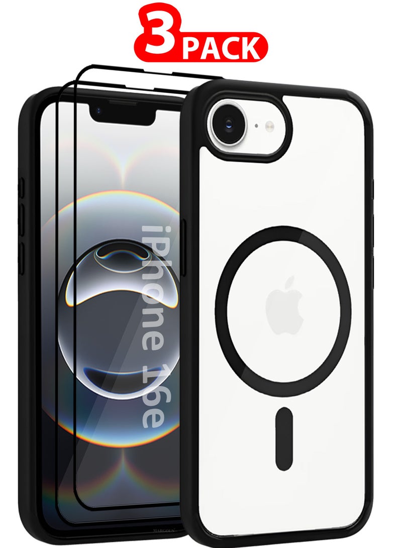 مارجون غطاء حماية آيفون 16E 3 عبوات فائق المتانة مع ميغسيف مقاوم للصدمات نحيف ومقاوم للخدوش غطاء ميغسيف متميز مع واقيين للشاشة ثلاثي الأبعاد - أسود - Image 1