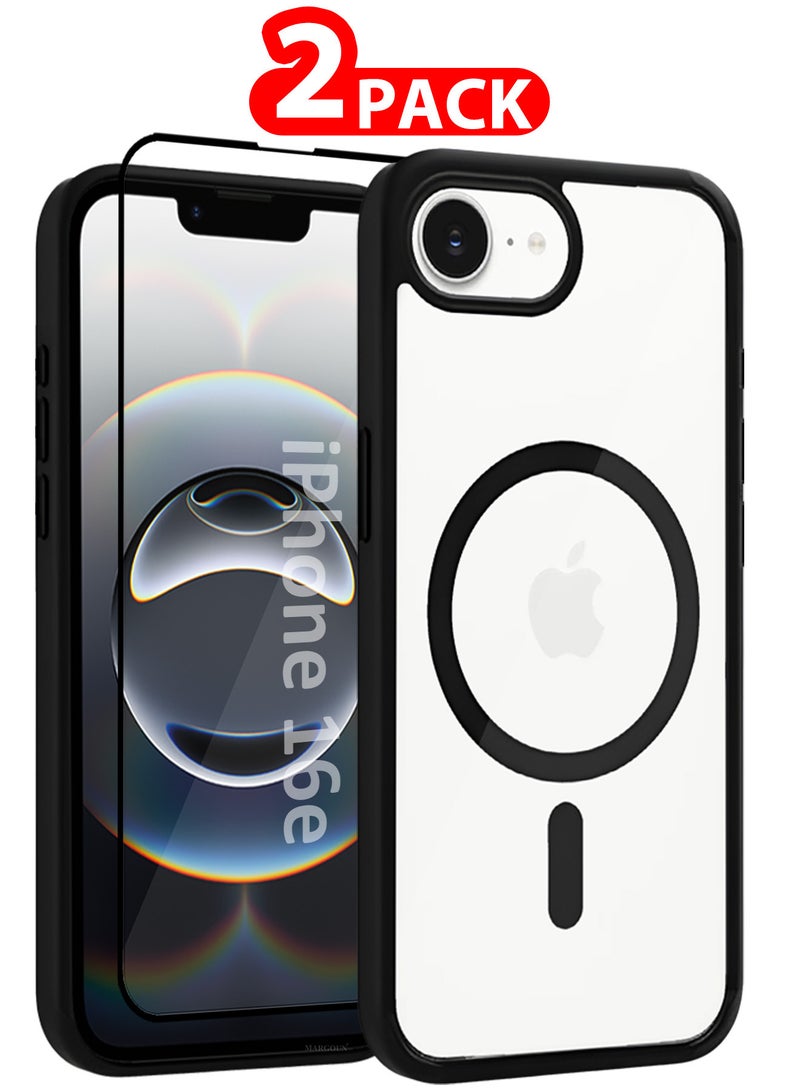 مارجون iPhone 16E 2Packs Case Cover Ultra Durable MagSafe Shockproof Slim and Scratch Resistant Premium MagSafe Case with 3D Screen Protector - Clear/Black Clear/Black-2 - Image 1