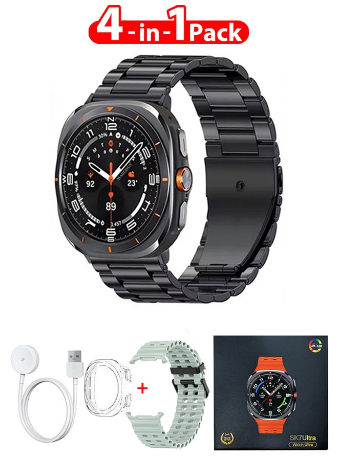 MARGOUN - SK7 Ultra Smartwatch Bundle With Accessories Including 1 Black Stainless Steel Band 1 Light Green Silicone Band a Charging Cable and a TPU Case Protector Light Green - Image 1