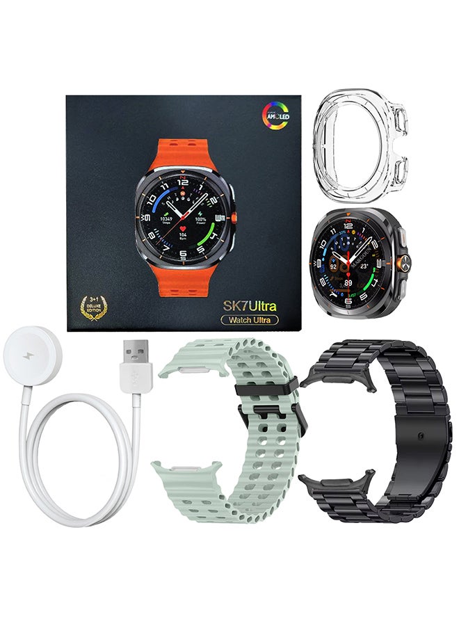 MARGOUN - SK7 Ultra Smartwatch Bundle With Accessories Including 1 Black Stainless Steel Band 1 Light Green Silicone Band a Charging Cable and a TPU Case Protector Light Green - Image 1
