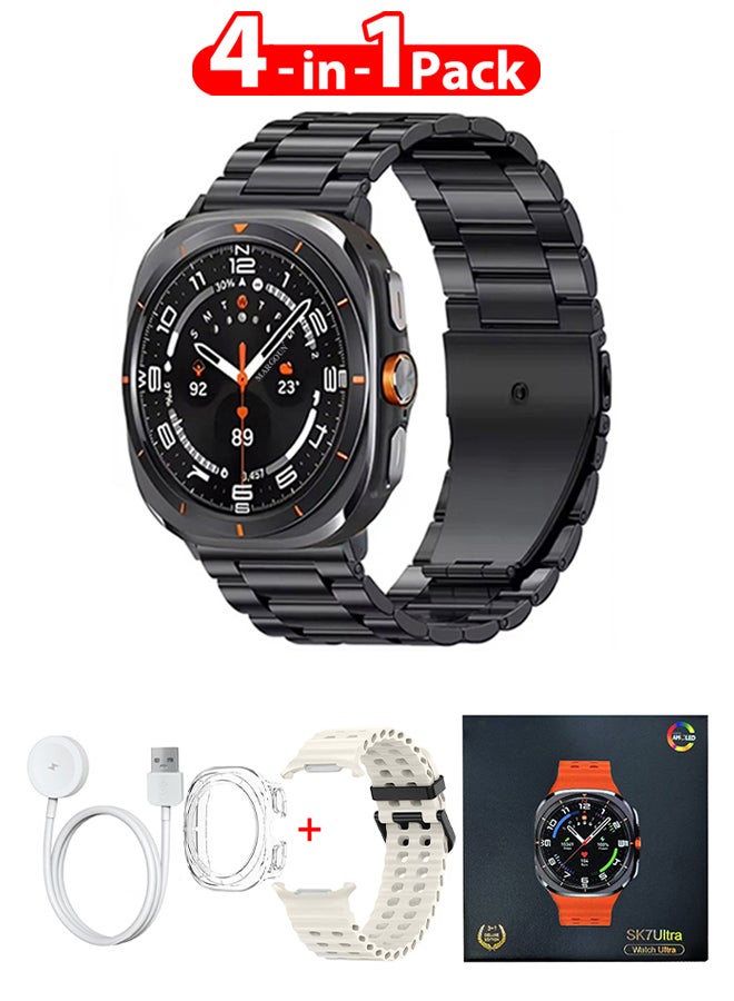 MARGOUN SK7 Ultra Smartwatch Bundle With Accessories Including 1 Black Stainless Steel Band 1 Cream Silicone Band a Charging Cable and a TPU Case Protector Cream - Image 1