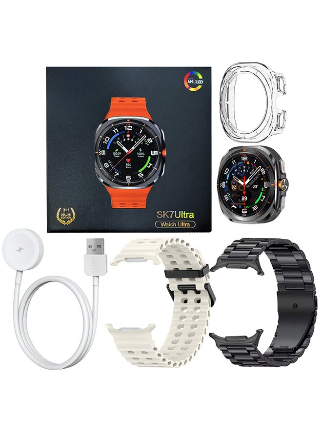 MARGOUN SK7 Ultra Smartwatch Bundle With Accessories Including 1 Black Stainless Steel Band 1 Cream Silicone Band a Charging Cable and a TPU Case Protector Cream - Image 4